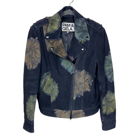 Pam & Gela Tie Dyed Leather Painted Floral Moto Biker Jacket Black Sz M - Picture 1 of 14